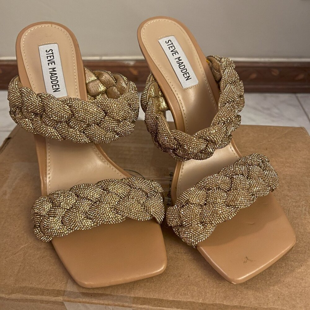 Steve Madden Kenley-R Bronze Rhinestone Braided High Heel Sandals, size 8.5 -new